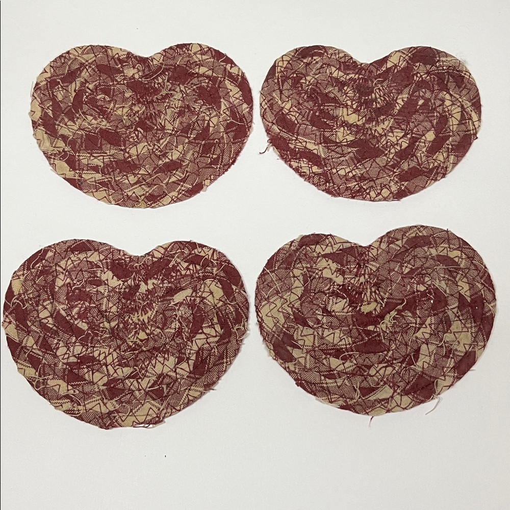 4pc Vintage Americana Heart Coaster Set Burgundy & Cream Braided Fabric Set of 4
